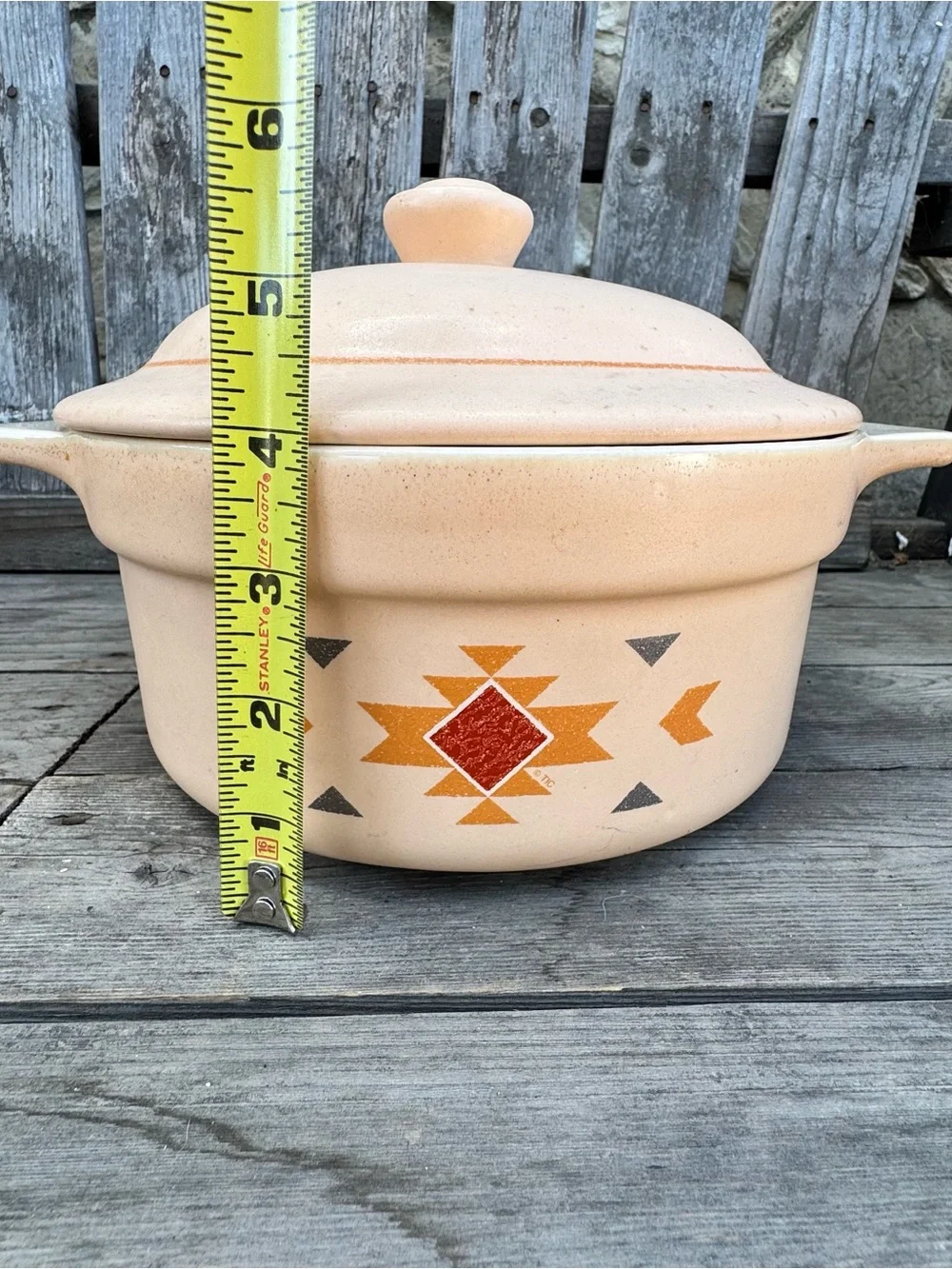 Vintage Treasure Craft Southwest Pastel Peach Casserole / Chili Pot with Lid